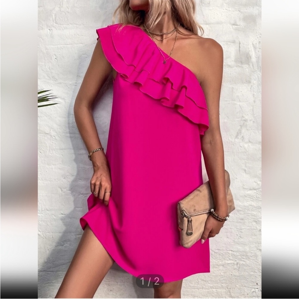 SHEIN Fuchsia One Shoulder Ruffle Dress
